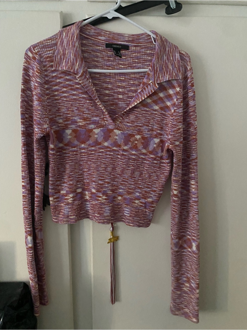Forever 21 Pink and White Patterned Collared Long Sleeve Top